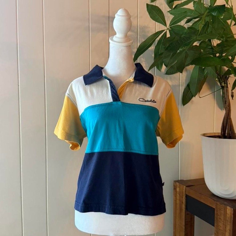 Vintage Catalina Colorblock V-neck Polo Striped Shirt Size Large Preppy Shirt